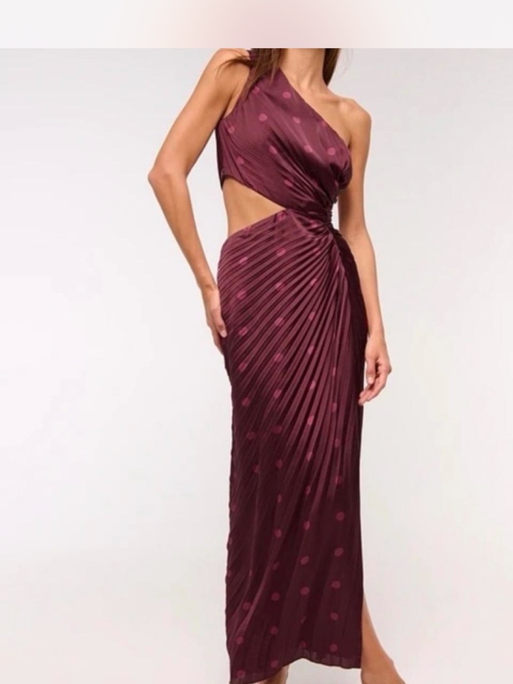 Abercrombie One-Shoulder Burgundy Polka Dot Cutout Maxi - homecoming dress